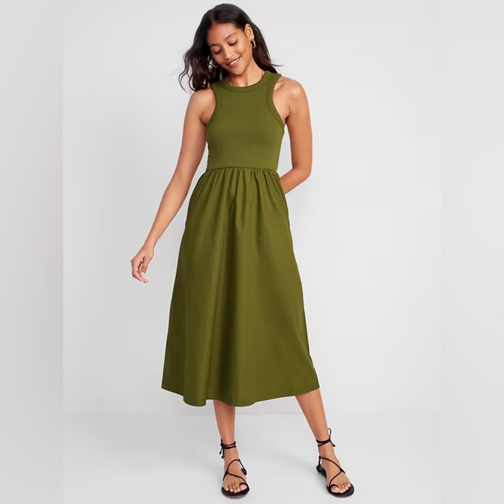 Fit & Flare Combination Midi Dress Green